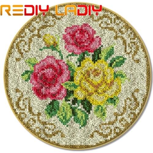 Latch Hook Rug Three Roses Crocheting Carpet Rug Acrylic Yarn Pre-Printed Canvas Cushion Mat Crochet Tapestry Latched Hook Kits