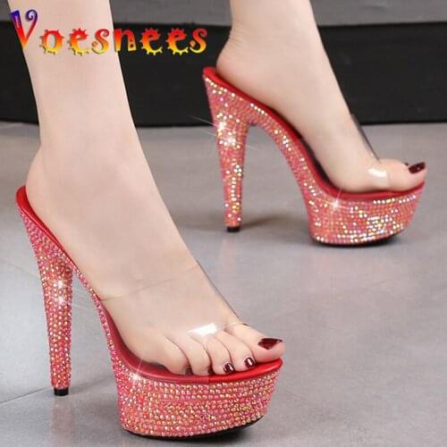 Green Rhinestone Slippers Summer Transparent Diamond Sandals Nightclub Thin High Heels Sexy Party Walk Show Bling Women Shoes