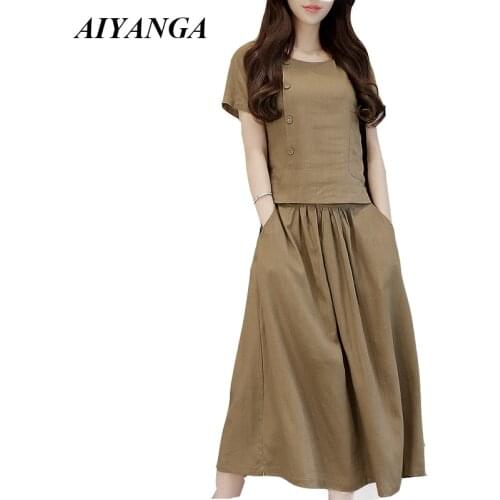 AIYANGA Cotton Linen Women Sets 2018 Summer Female 2 Pieces Short Sleeve O Neck Medium Long Skirts Casual Style Solid Color