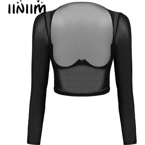 NEW ARRIVAL Women See-through Mesh Underwire Crop Top Nightwear Long Sleeve Open Front Sheer T-shirt Tops