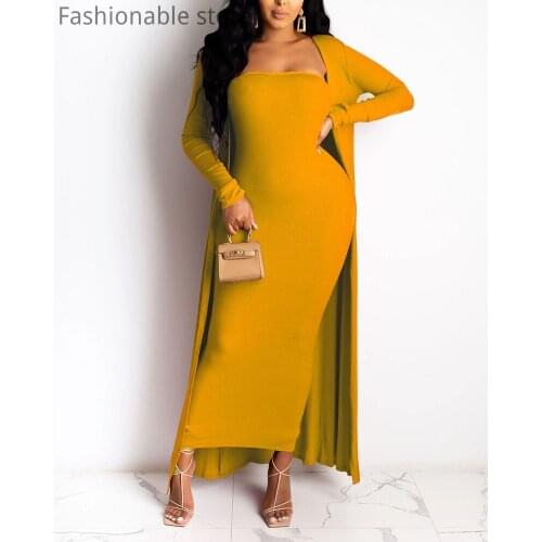 Women Solid Color Bodycon Bandeau Dress With Longline Coat