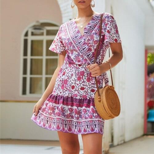 Women Short Sleeve Vintage Ruffle Floral Wrap Boho Dress Ladies V Neck Split Party Dress Summer A Line Beach Sundress