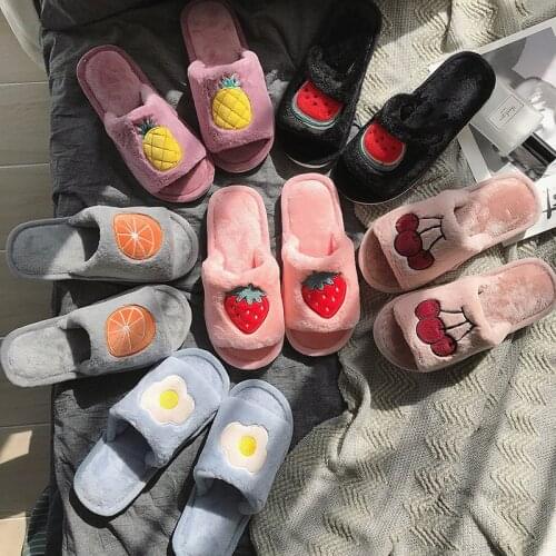 2020 Home Soft Slippers Women Men Cartoon Fruit Embroidery Indoor Slippers Slip On Fluffy Fur Slippers Size 36~41 Flip Flops
