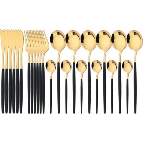 24Pcs/Set Stainless Steel Dinner Black Gold Dinnerware Set Knife Fork Coffee Spoon Cutlery Set Kitchen Tableware Silverware Sets