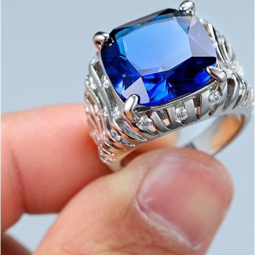 Big Blue Crystal Wedding Engagement Ring Luxury Female Male Geometric Square Green Stone Rings For Women Men Silver Color Ring
