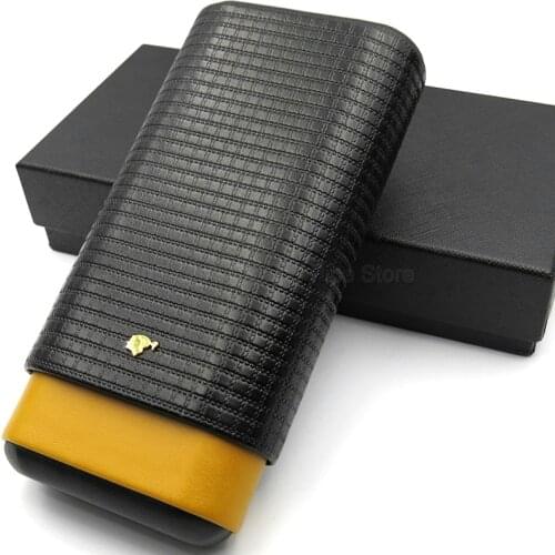 Cohiba Black And Yellow Leather Checked Cedar Wood Cigar Cigarette Case Holder 3 Cigars Tube Humidor Storage Box Smoking Tool