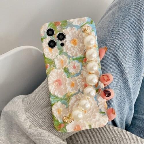 Daisy Oil Painting Phone Case With Pearl Chain Bracelet For iPhone 11 12 Pro Max XR XS Max 7 8 Plus Soft Liquid Silicone Cover
