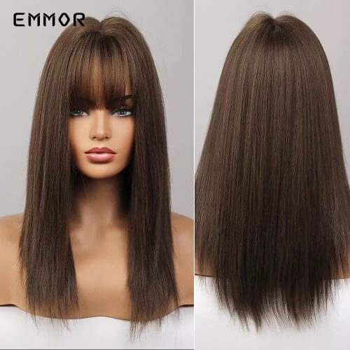 Emmor Natural Brown Wig with Bangs Long Straight Hair Wigs for Women Hairstyle Synthetic Heat Resistant Cosplay Lolita Bob Wigs