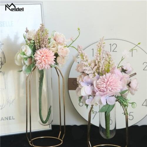 Meldel Artificial Flower Rose Bouquet Silk Hydrangea Pompon Home Party Room Decor Vanilla Spike Bridal Wedding Flower Bouquets