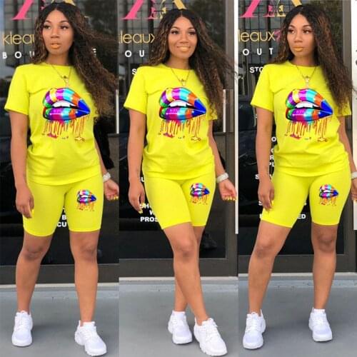 TNNAOFF Plus Size Lips Print Two Piece Tracksuits Women Set Short Sleeve T Shirt Top Sexy Biker Shorts Lounge Wear Matching Sets
