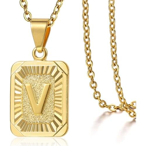 Initial Letter Pendant Necklace for Mens Womens Capital Name Square Name Charm Stainless Steel Rolo Cable Chain Chic Jewelry