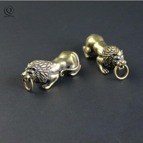 Retro Pure Brass Male Lion King Key Chain Pendant Trinkets Copper Forest Animals King Keychain Hanging Jewelry Men Car Keyring