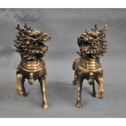 6" A Pair of Chinese Copper Animal Phylactery Beast Kylin Chi-lin Unicorn Statues