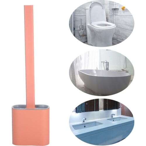 Flat Toilet Brush with Holder Silicone Toilet Bowl Cleaner Brush with Caddy Flexible Non-scratch TPR Bristles for Bathroom