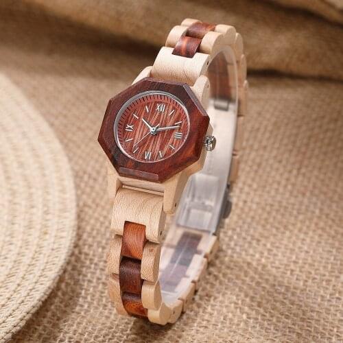 Casual Women Watch Octagonal Case Nature Wood Wristwatch for Lady Quartz Analog Display Crystal Dial Adjustable Bamboo Bracelet