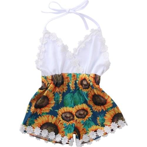 Pudcoco Newborn Kids Clothes Baby Girls Sleeveless Off Shoulder Sling Romper Backless Lace-up Sunflower Printing Tassel Jumpsuit