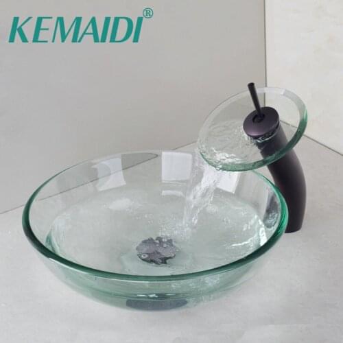 KEMAIDI Oil Rubbed Bronze Waterfall Faucet +Victory Glass Bowl Bathroom Sink Wash Basin With Tempered Glass Bathroom Sink Set