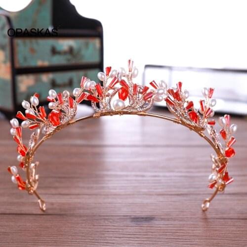 Red Crystal Tiaras And Crowns Bridal Pearl Rhinestone Women Hair Jewelry Queen Princess Wedding Hair Ornaments Pageant VL
