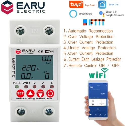 2P 63A TUYA APP WiFi Smart Circuit Earth Leakage Over Under Voltage Protector Relay Device Switch Breaker Energy Power kWh Meter