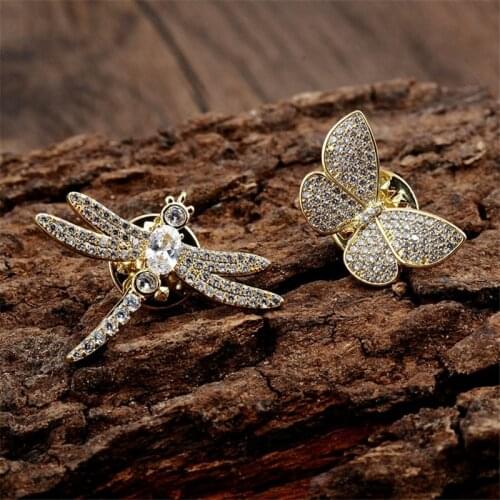 Vintage Gold Color Crystal Dragonfly Brooches for Women Butterfly Insect Brooch Pin Fashion Dress Coat Accessories Cute Jewelry