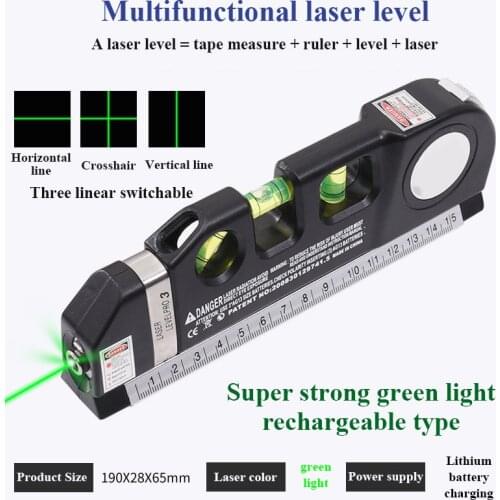 Green light Laser Level Vertical Horizontal 2 Lines Lasers Ruler Measure Tape Aligner Bubbles Black Balance Horizontal Ruler