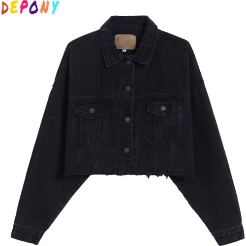 2020 DEPONY women Denim jacket autumn cropped Black short Coats Long Sleeve Single Breasted Casual Ladies jacket bomber