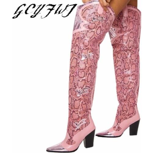 Womens Over-the-knee Boots Winter Pointed Toe Crude Heel Slip-on Botas Mujer Fashion Pink Snake Skin Hand-made Sexy Women Shoes
