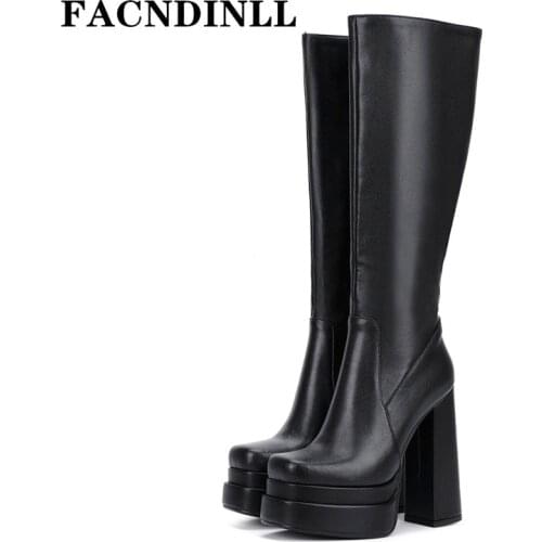 New Brand Women Long Boots British Style Sexy Chunky High Heels Thick Platform Autumn Winter Warm Snow Knee High Boots Black 43