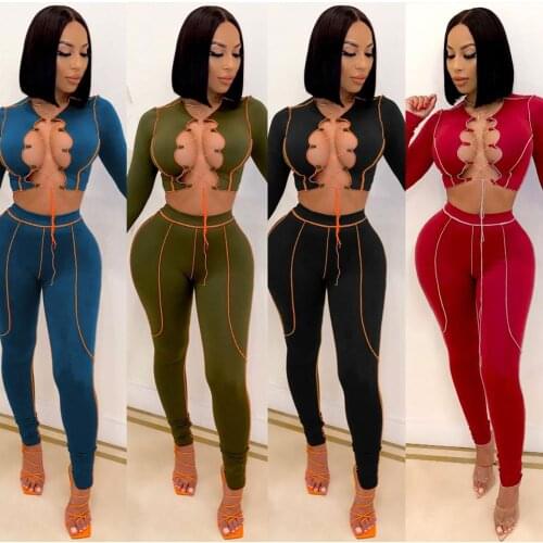 CM.YAYA Streetwear Autumn Winter Womens Set Hollow Out Tops Jogger Leggings Pants Set Night Tracksuit Two Piece Fitness Outfit