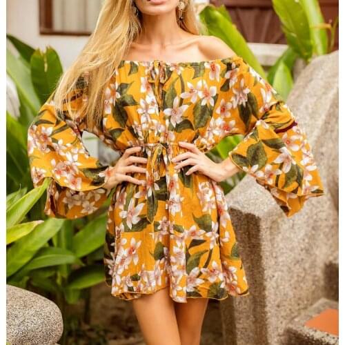 Boho print dress sexy summer dress women Backless sash tie Elastic ruffle dress Off shoulder short dress vestidos de festa