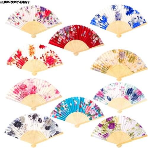 1PC Retro Chinese Japanese Silk Bamboo Folding Fan Home Decoration Ornaments Floral Painting Hand Held Fans Dance Party