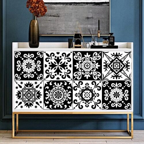 10pcs Black & White Tiles Pattern Wall Sticker Kitchen Bathroom Wardrobe Decor Waterproof & Oil-proof Ceramics Art Wallpaper