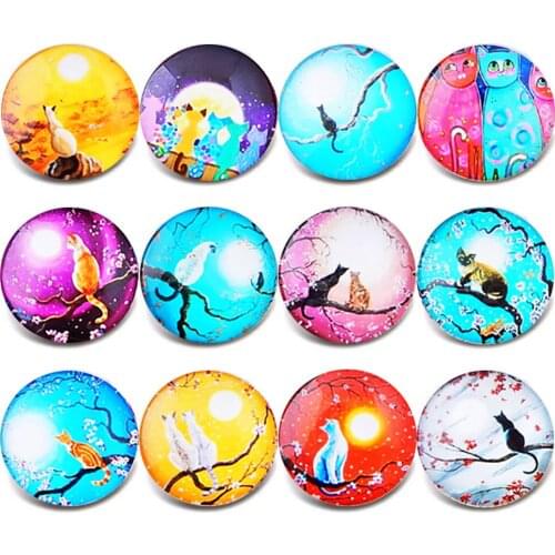 10pcs/Lot New Snap Jewelry Vintage Cat Pattern Glass Charm 18mm Snap Button Jewelry fit 18mm Snaps Bracelet Gifts For Women