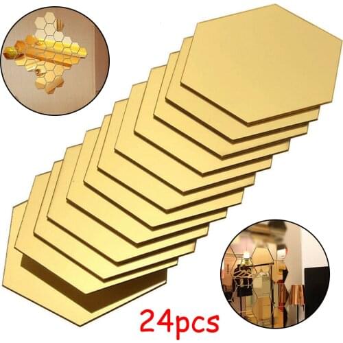 24pcs Hexagon Mirror Sticker Gold Adhesive Mosaic Tiles Sticker DIY Bedroom Living Room Bathroom Home Decor 80*70*40mm