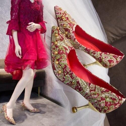 5.CM And 8.CM Korean Version Of Red Sole High Heels Ethnic Beads Festival Crystal Shoes Ladies Wedding Shoes Free Transportation