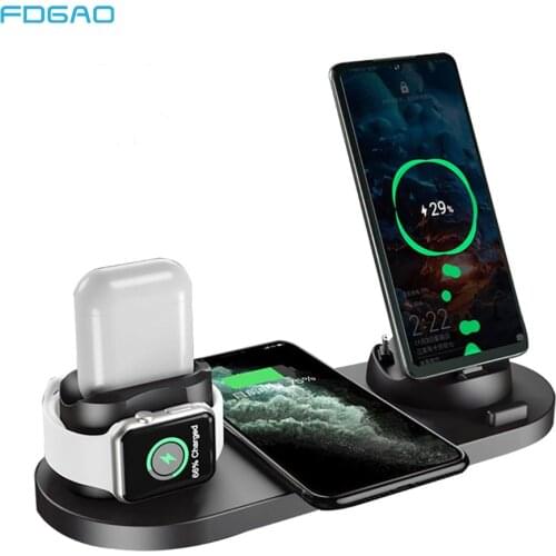 FDGAO 6 in 1 10W Fast Wireless Charger Desktop Docking Station For iPhone 11 Pro XR XS Max X 8 Apple Watch 1 2 3 4 5 AirPods Pro
