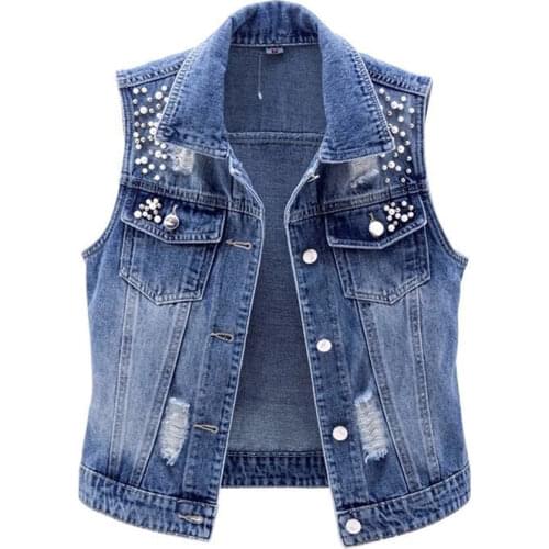 JMPRS Denim Women Vest Luxury Pearls Fashion Ripped Autumn Plus Size Jeans Jacket Sleeveless Loose Short Coat Causal Waistcoats