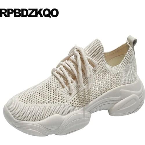Chinese elevator thick sole creepers platform shoes lace up trainers wedge mesh muffin women breathable sneakers casual size 35