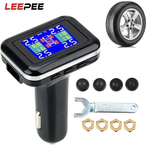 LEEPEE TPMS Car Tire Pressure Alarm Monitor System Cigarette Lighter Plug LCD Screen Display 4 External Sensors Wireless TPMS