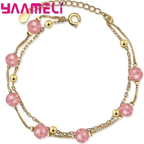 Summer Sales 925 Sterling Silver Pink Crystal Stone Strand Bracelets Top Quality Jewelry Bangles for Women Lady Girls Party Gift