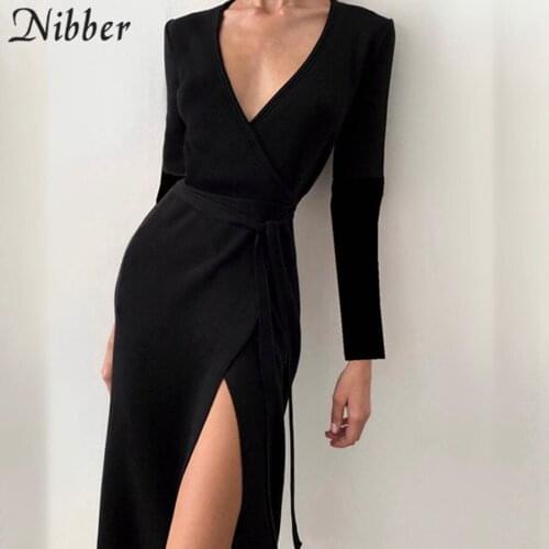 Nibber Sexy Fashion Long Dress Solid Color Basic Deep V-Neck Split Gown For Beautiful Womens Evening Party Holiday Wear 2021