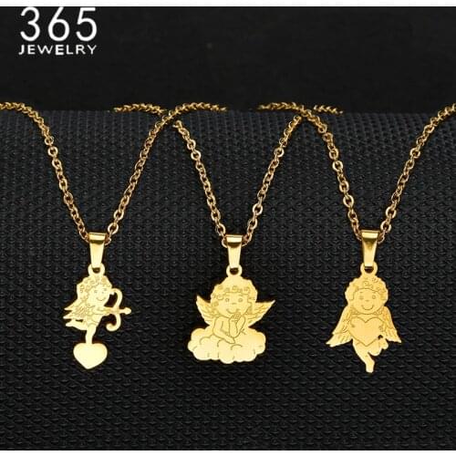Newest Cute Archery Angel Necklace For Lovers Stainless Steel Gold Color Heart Couples Necklace Birthday Gifts