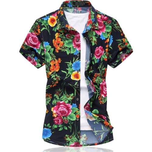 2021 New style increased mens short-sleeved floral shirt, high-stretch mens shirt S-7XL