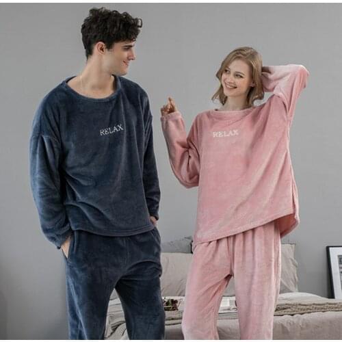 Couples Pajamas Suits Long Sleeve Top&Trousers Winter Thicken Warm Flannel Solid Color Sleepwear Loose Casual Home Clothing