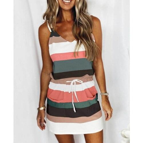 2021 Tight Waist Strapless V-Neck Dresses Color Matching Drawstring Comfortable Vestidos Fashion Strap Stripes Dress Wholesale