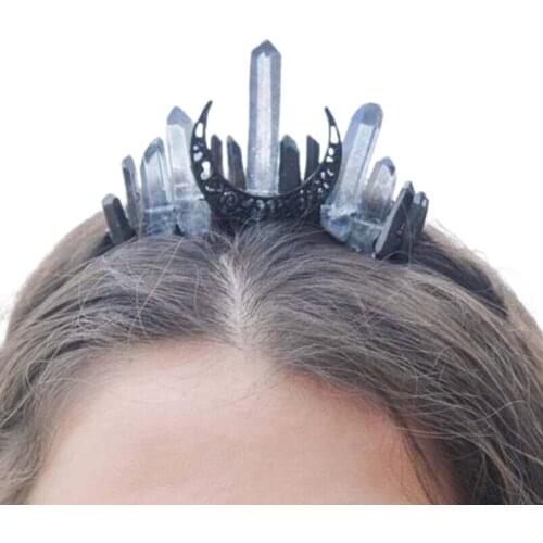 Handmade Plating Raw Crystal Headband Vintage Metal Moon Tiara Crown Hair Comb