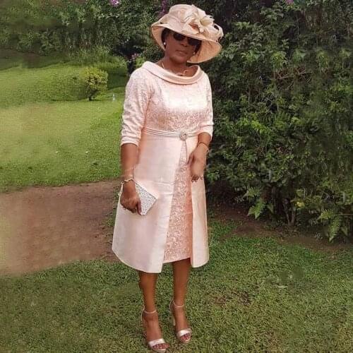 Pink Chiffon Mother of the Bride Dresses Solid 3/4 Sleeve Dress Suits O Neck Plus Size Waisted Custom For Wedding Party 2021