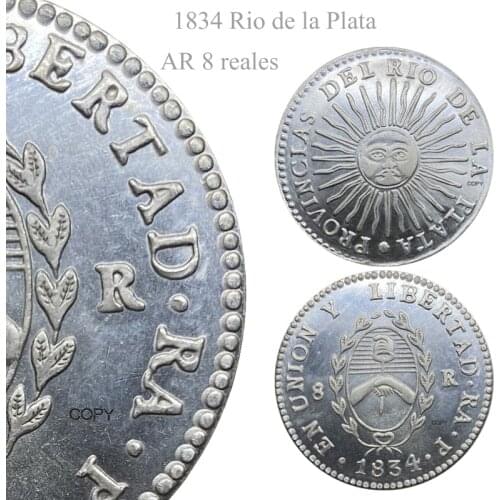 Argentina Coin 1834 Rio de la Plata, AR 8 reales Cupronickel Plated Silver Copy Coin