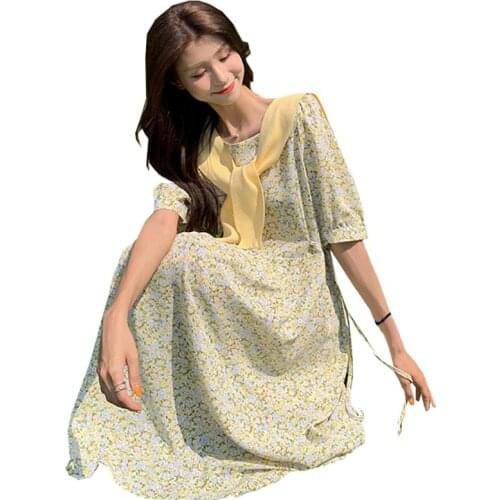 Chiffon Floral Dress Female 2021 New Summer Womens Short-Sleeved A-Line Vintage Dress Hedging Fashion Square Neck Long Dress