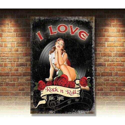 I Love Rock n Roll Records Music Retro Girl 60s pinup Medium Metal Tin Sign